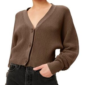 Good American Ribbed V Neck Cardigan Brown Cropped Button Front Size 5